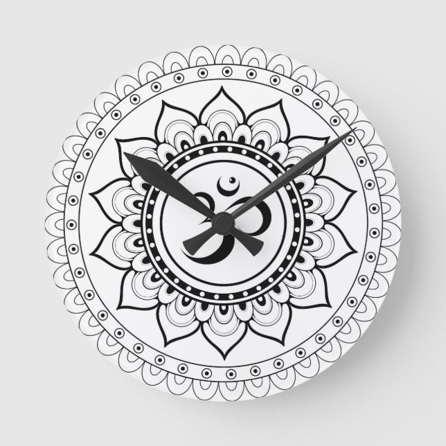 Relógio Redondo Ohm Mandala Om Mandala Branco e Preto (Frente)