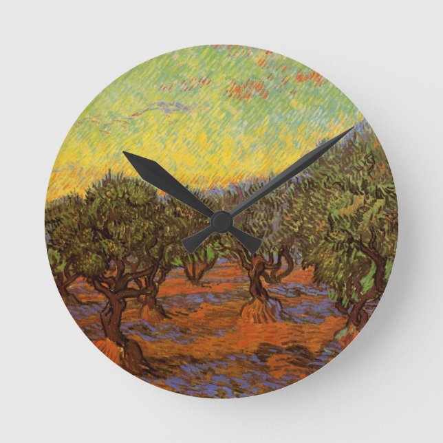 Relógio Redondo Olive Grove, Orange Sky, por Vincent van Gogh (Frente)