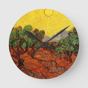 Relógio Redondo Oliveiras de Van Gogh com Céu Amarelo e Sol
