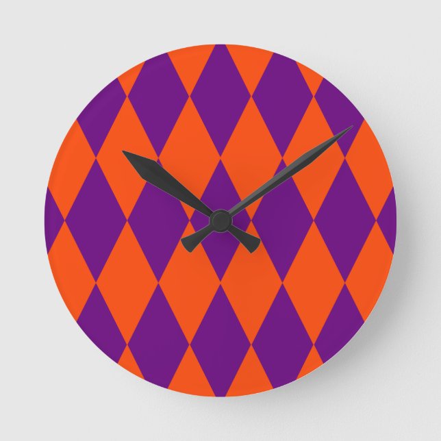 Relógio Redondo Orange and Purple Harlequin Checkered Design  (Frente)