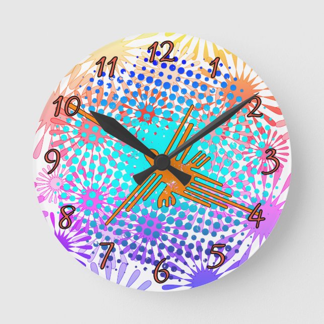 Relógio Redondo Ouro angustiado Linhas Nazca Hummingbird (Frente)