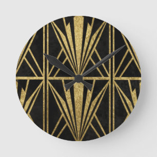 Relógio Redondo Ouro Art Deco Padrão de Leque Geométrico Preto