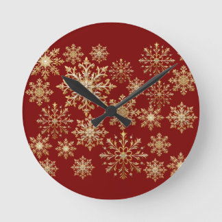 Relógio Redondo Ouro de Natal e Floco de Neve Vermelho