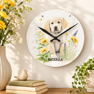 Relógio Redondo Ouro Retriever Puppy e floral Nome do monograma
