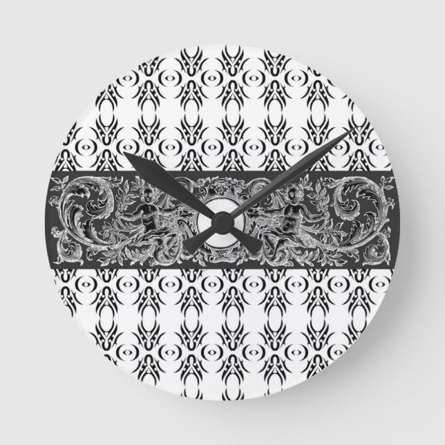 Relógio Redondo Padrão Barroco preto e branco sofisticado para per (Frente)