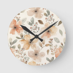 Relógio Redondo Padrão Botânico de Aquarela Floral Bege Pêssego