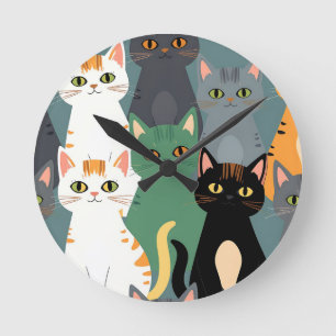 Relógio Redondo Padrão Colorido de Gatos de Desenho Animado em Mul