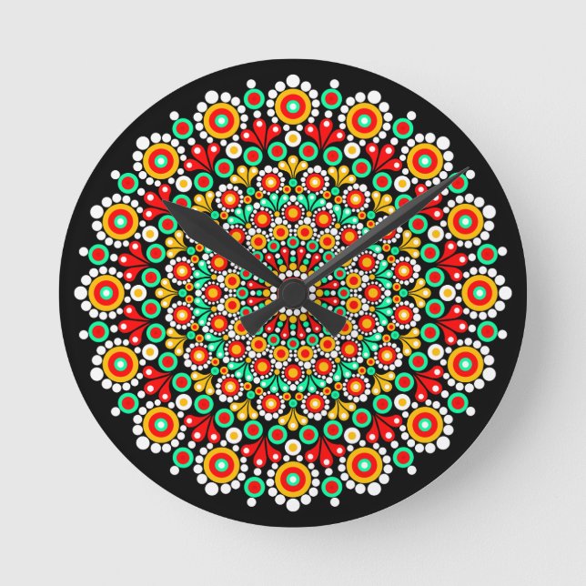 Relógio Redondo Padrão Colorido de Mandala Relógios Boho Ponto  (Frente)