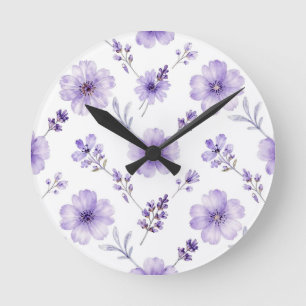 Relógio Redondo Padrão de Aquarela de Flor de Linho Roxo Lavanda