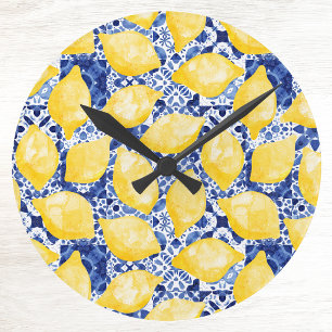 Relógio Redondo Padrão de azulejo azul branco cítrico de limão Med