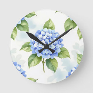 Relógio Redondo Padrão de Buquê de Hortênsia Azul Pastel