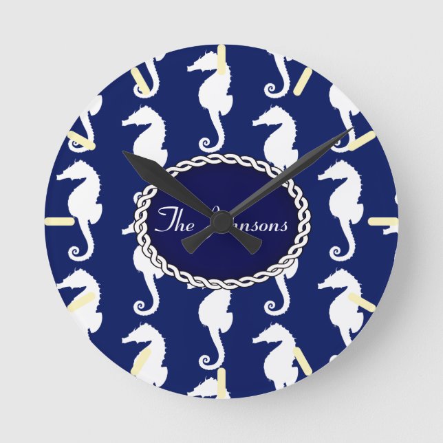 Relógio Redondo Padrão de Cavalo-do-Mar sem Costura (Frente)