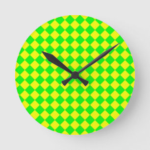 Relógio Redondo Padrão de Diamante do Verificador Verde Amarelo