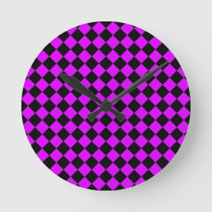 Relógio Redondo Padrão de Diamante Xadrez Preto Roxo