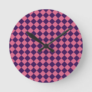 Relógio Redondo Padrão de Diamante Xadrez Rosa Roxo