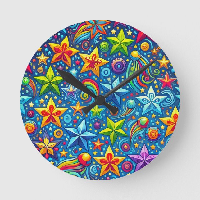 Relógio Redondo Padrão de estrelas coloridas (Frente)