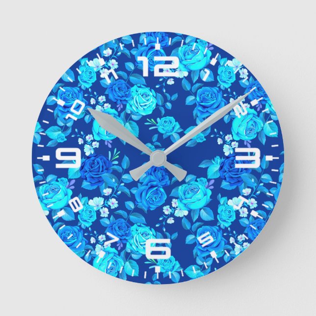 Relógio Redondo Padrão de Flores de Rosa Azul Clássico-87600 (Frente)