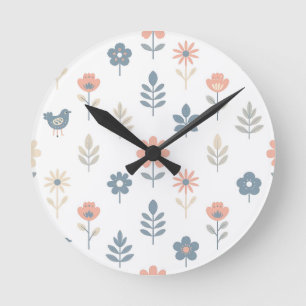 Relógio Redondo Padrão de Flores Pássaros Folk Escandi