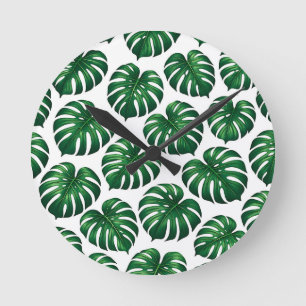 Relógio Redondo Padrão de Folha Tropical de Monstera
