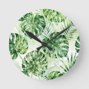 Relógio Redondo Padrão de Folhas de Palmeira Tropical Monstera em