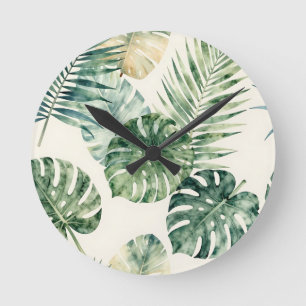 Relógio Redondo Padrão de Folhas Tropicais de Aquarela Monstera Pa