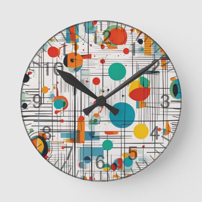 Relógio Redondo Padrão de Idade Atômica Retroativa, linhas, formas (Frente)