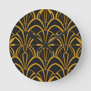 Relógio Redondo Padrão de Leque Art Déco Clássico Preto Dourado Ru