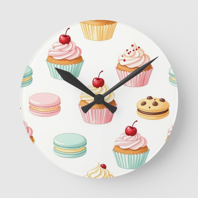 Relógio Redondo Padrão de Macaron de Cupcake Doce (Frente)