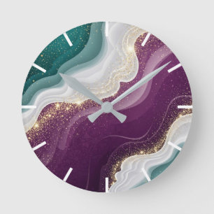 Relógio Redondo Padrão de Mármore com Brilho Dourado de Luxo