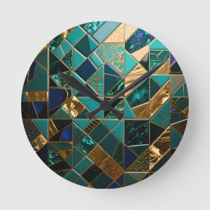 Relógio Redondo Padrão de Mosaico Geométrico Dourado Turquesa Luxu