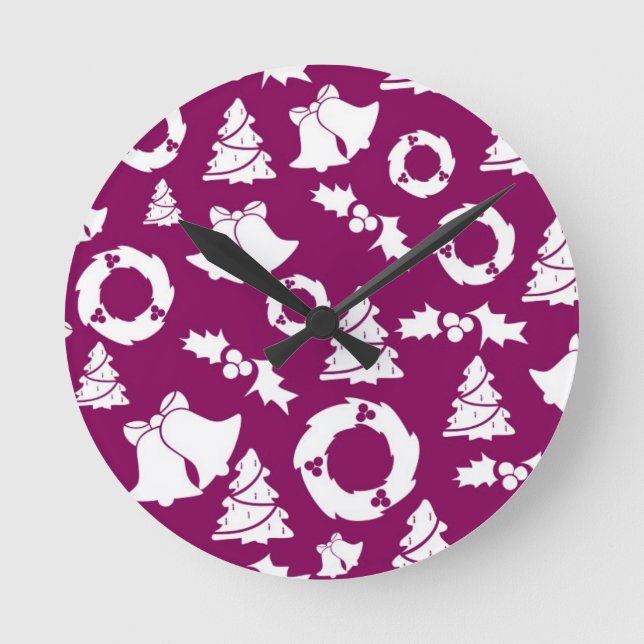 Relógio Redondo Padrão de Natal Roxo (Frente)
