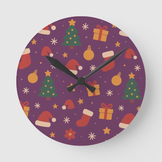 Relógio Redondo Padrão de Natal Roxo Estético – Natal Fofo  (Frente)