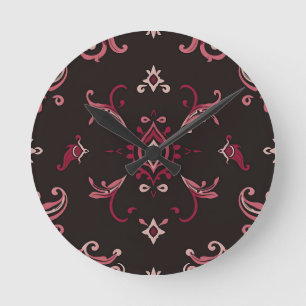 Relógio Redondo Padrão de Ornamento Floral Damasco Borgonha
