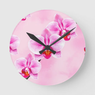 Relógio Redondo Padrão de Orquídea Rosa Floral Tropical Pastel Sua