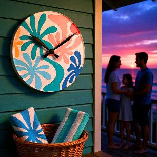 Relógio Redondo Padrão de Palma Retro Tropical Moderno