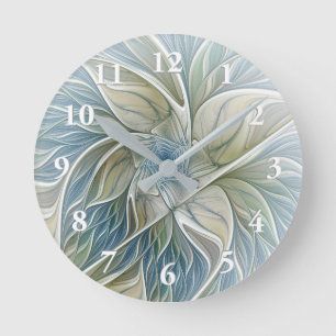 Relógio Redondo Padrão de Sonho Floral Abstrato Azul Khaki Fracta