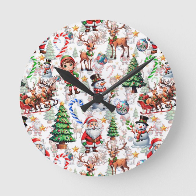 Relógio Redondo Padrão Decorativo de Natal com Fundo Branco (Frente)