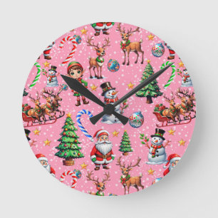 Relógio Redondo Padrão Decorativo de Natal com Fundo Rosa