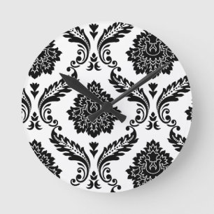 Relógio Redondo Padrão Deslocado Rococó Damask Preto no Branco