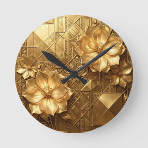 Relógio Redondo Padrão Floral Art Déco em Ouro Luxuoso