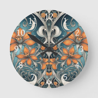 Relógio Redondo Padrão floral Art Nouveau azul-turquesa laranja