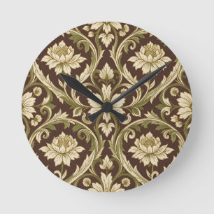 Relógio Redondo Padrão Floral Art Nouveau Creme Verde Rolagem