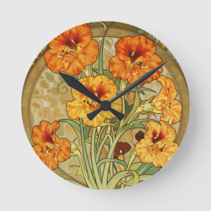 Relógio Redondo Padrão Floral Art Nouveau Nastúrcio