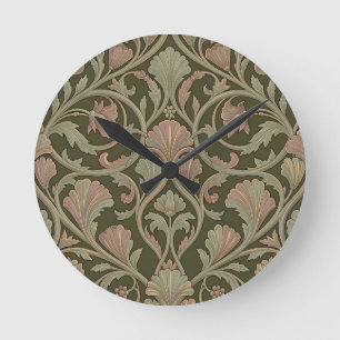 Relógio Redondo Padrão Floral Art Nouveau Verde Escuro Rosa Vintag
