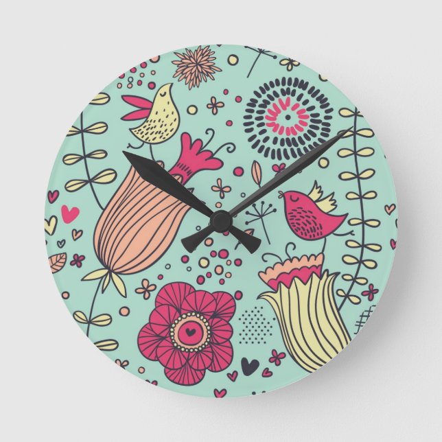 Relógio Redondo Padrão floral de desenho animado com aves (Frente)