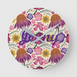 Relógio Redondo Padrão Floral de Flor Selvagem Personalizado