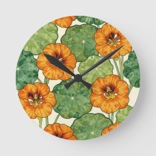 Relógio Redondo Padrão Floral de Nastúrcio em Aquarela