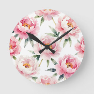 Relógio Redondo Padrão Floral de Peônia Beijo de Rosa em Aquarela