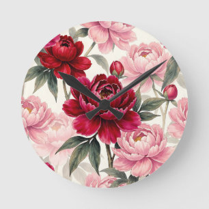 Relógio Redondo Padrão Floral de Peônia em Aquarela Vermelho Inten