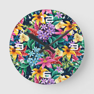 Relógio Redondo Padrão Floral Exótico Pintado à Mão-23001